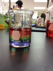A rainbow forms as sodium carbonate slides to the bottom of the beaker.